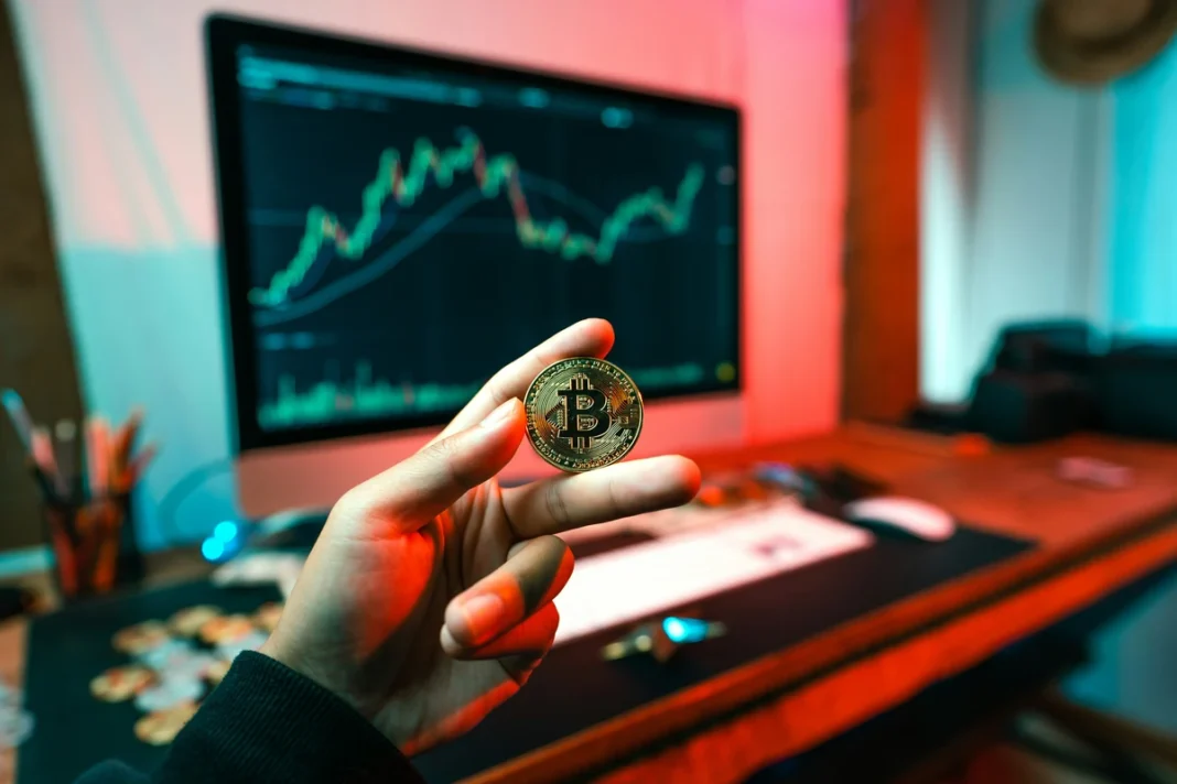 Cryptocurrency coins next to ETF certificates