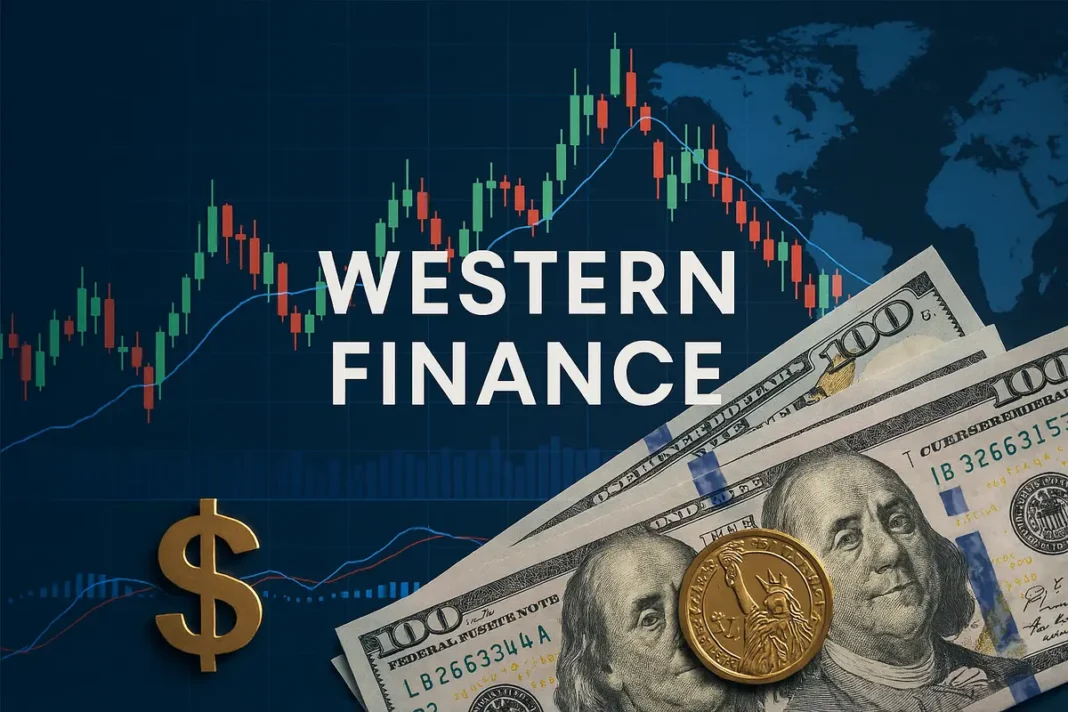 A vibrant digital illustration of a bustling stock exchange floor with traders and financial charts, symbolizing the dynamic world of western finance.